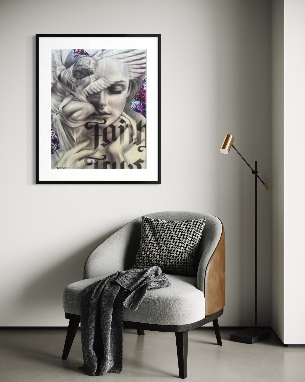 Framed artwork on a wall above a modern chair with a decorative pillow. Faith and truth limited edition reproduction fine art print by ShenShen.