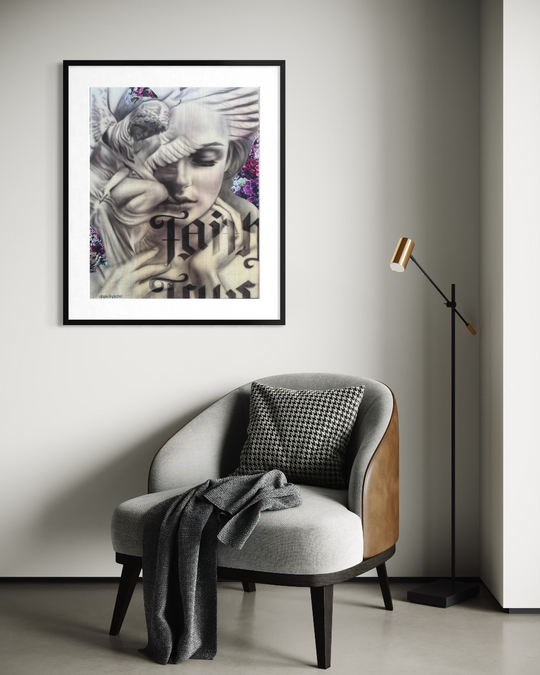 Framed artwork on a wall above a modern chair with a decorative pillow. Faith and truth limited edition reproduction fine art print by ShenShen.