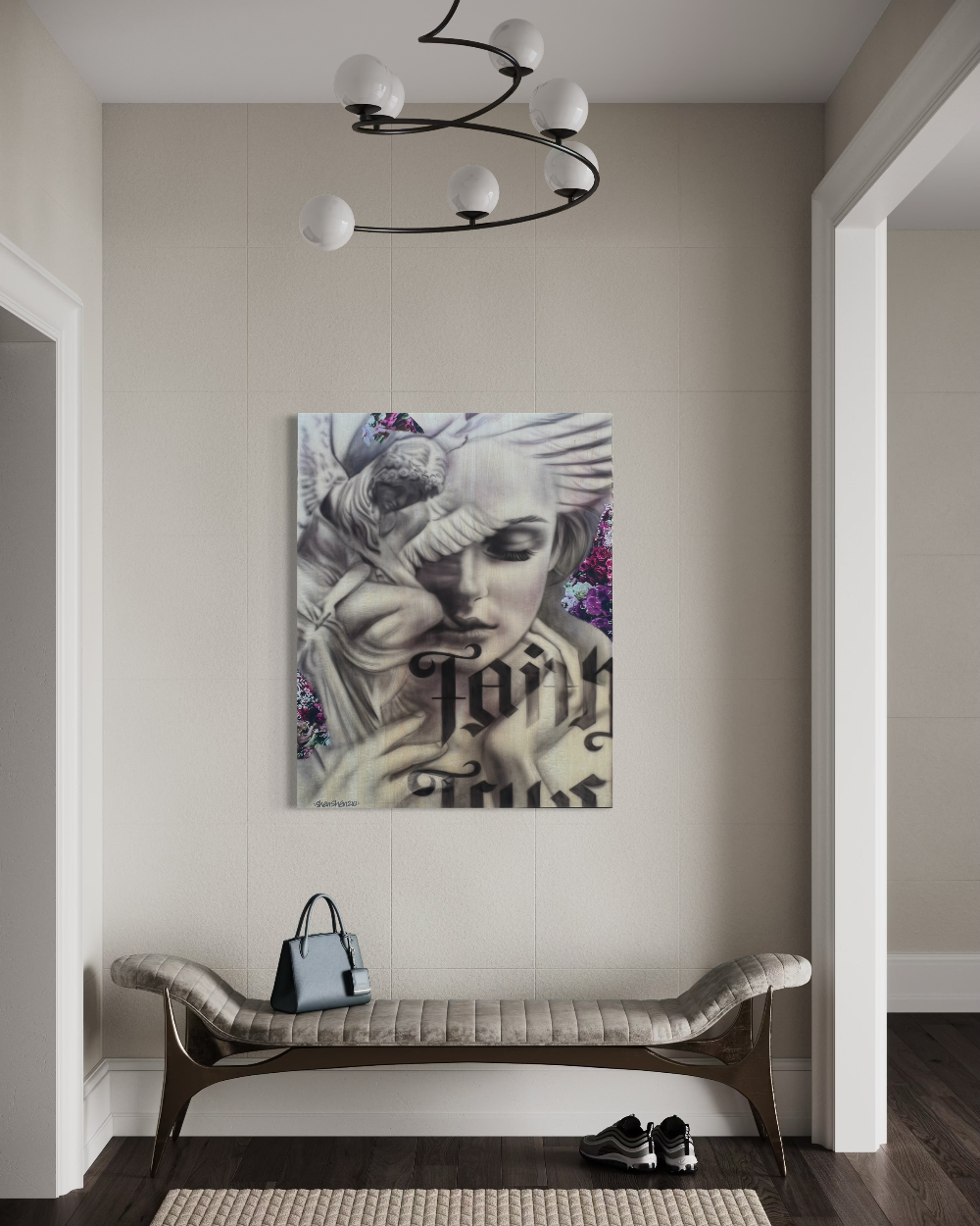 Modern interior with a bench, shoes, and a large abstract painting on a wall. Faith and truth limited edition reproduction fine art print by ShenShen.