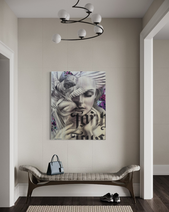 Modern interior with a bench, shoes, and a large abstract painting on a wall. Faith and truth limited edition reproduction fine art print by ShenShen.