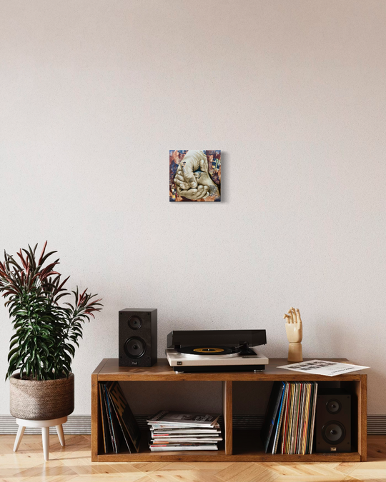 Wooden record player console with vinyl records, speakers, and a plant in a minimalistic room. Father's Hand fine art print limited edition reproduction by ShenShen.