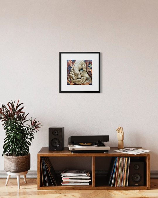 Wooden shelf with records, speakers, and a plant in a room with a framed picture on the wall. Father's Hand fine art print limited edition reproduction by ShenShen.
