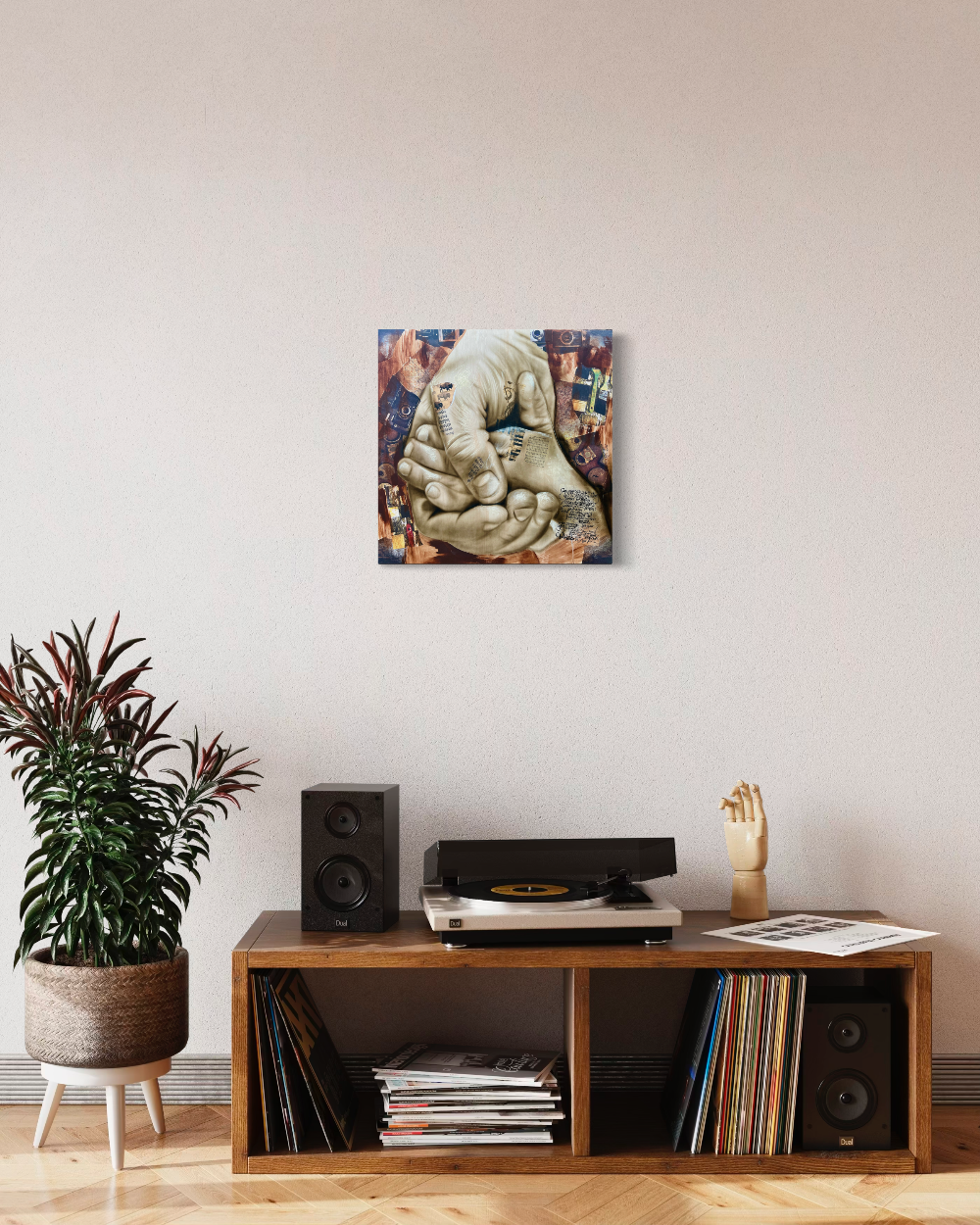 Living room with vinyl record player, speakers, and a plant on a wooden shelf. Father's Hand fine art print limited edition reproduction by ShenShen.