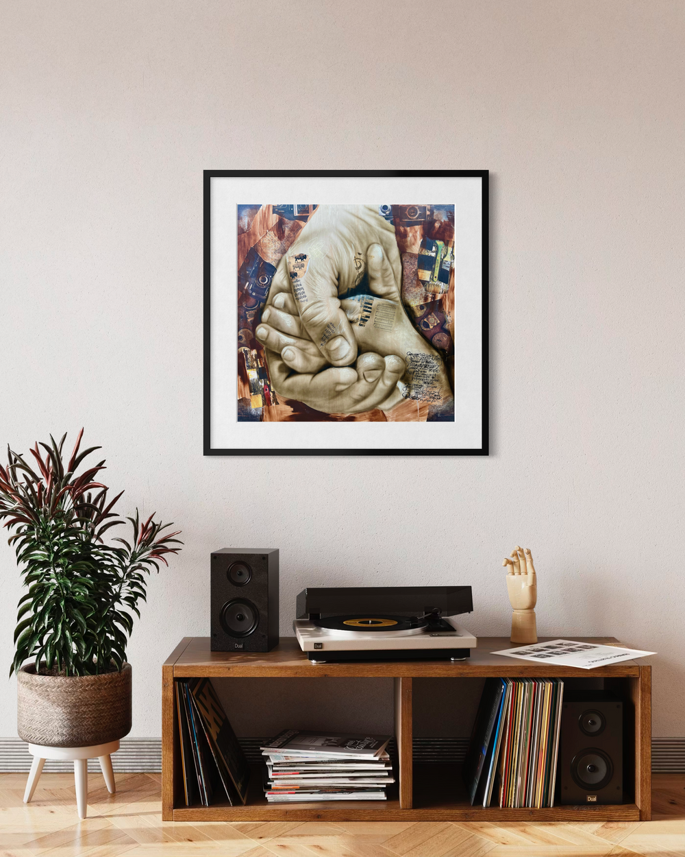 Framed artwork of hands holding a heart above a record player with vinyl records on a wooden shelf. Father's Hand fine art print limited edition reproduction by ShenShen.