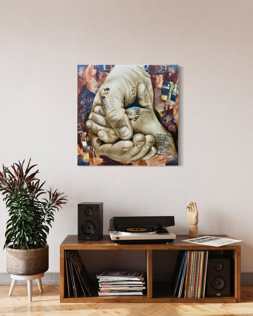 Decorative wall art of hands holding a child's hand in a living room setting. Father's Hand fine art print limited edition reproduction by ShenShen.