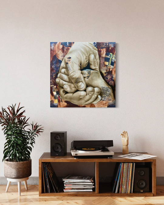 Decorative wall art of hands holding a child's hand in a living room setting. Father's Hand fine art print limited edition reproduction by ShenShen.