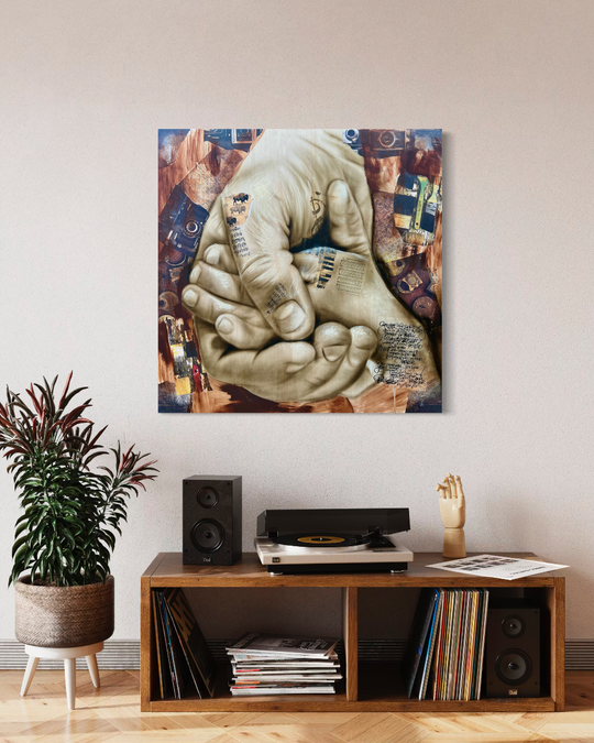 Decorative wall art of clasped hands with tattoos above a wooden shelf with records and speakers. Father's Hand fine art print limited edition reproduction by ShenShen.