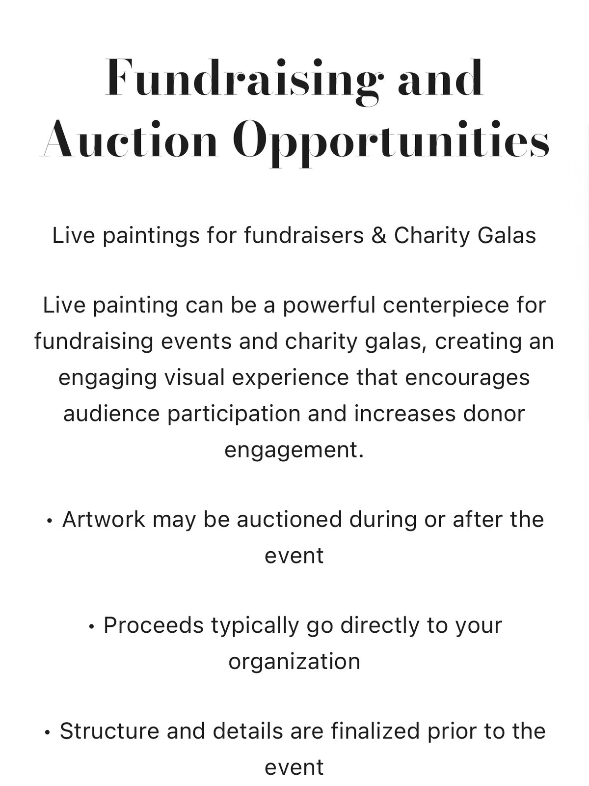 Live painting for charity galas and fundraising events designed to increase donor engagement and auction participation