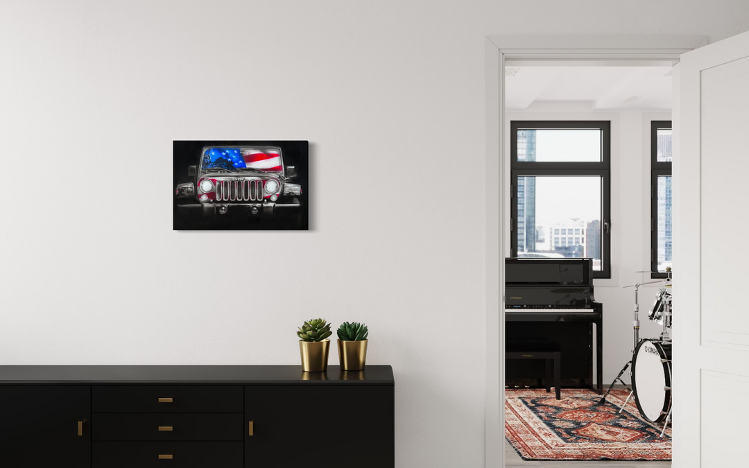 Framed artwork of a car with an American flag on a wall in a modern room. fine art limited edition giclee canvas print reproduction by shenshen.