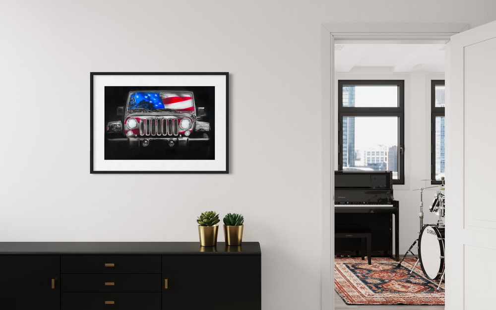 Framed artwork of a car with an American flag on the window of a jeep on a wall in a room with a window and musical instruments. fine art limited edition paper print reproduction by shenshen.