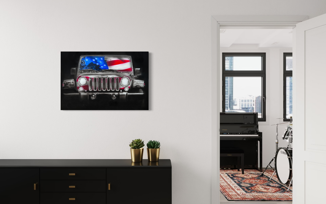 Framed artwork of a Jeep with an American flag on a wall in a modern room. fine art limited edition giclee canvas print reproduction by shenshen.
