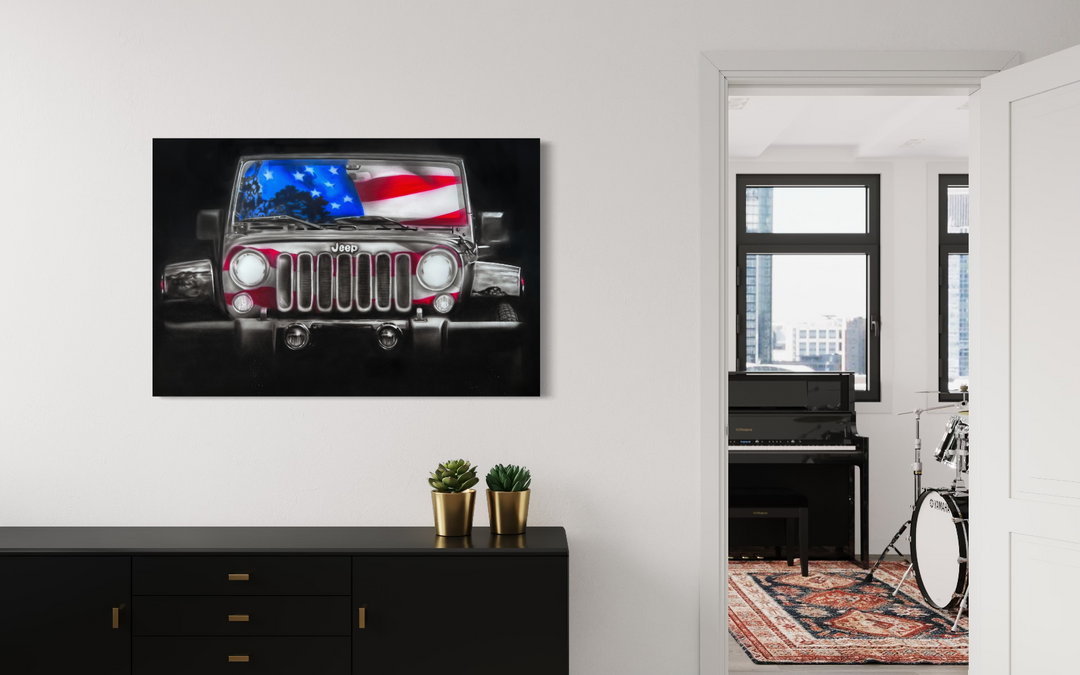 Room interior with a framed picture of a car with an American flag on the wall. fine art limited edition giclee canvas print reproduction by shenshen.