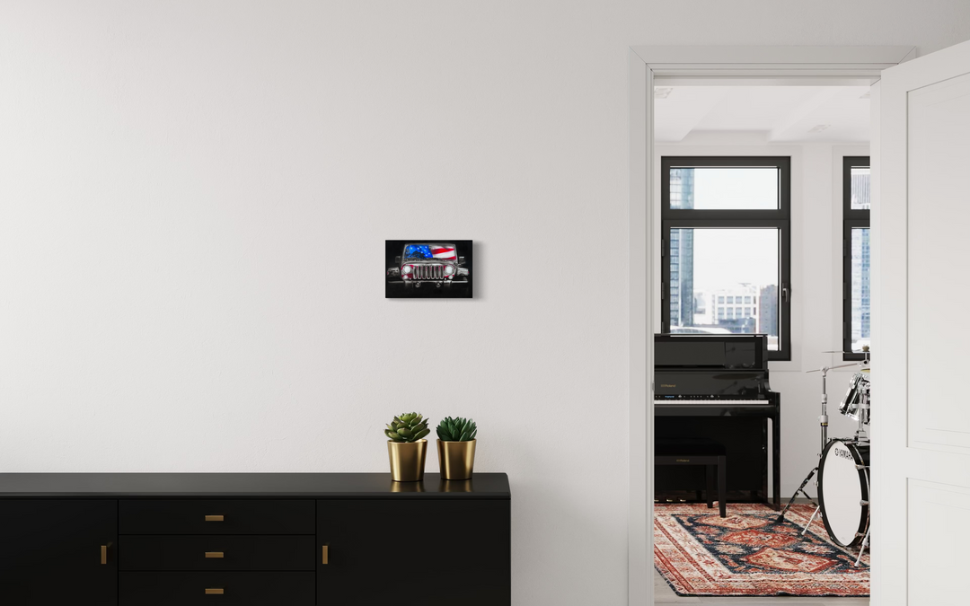 Modern interior with a television on a wall, black dresser, and open door revealing a kitchen. fine art limited edition giclee canvas print reproduction by shenshen.
