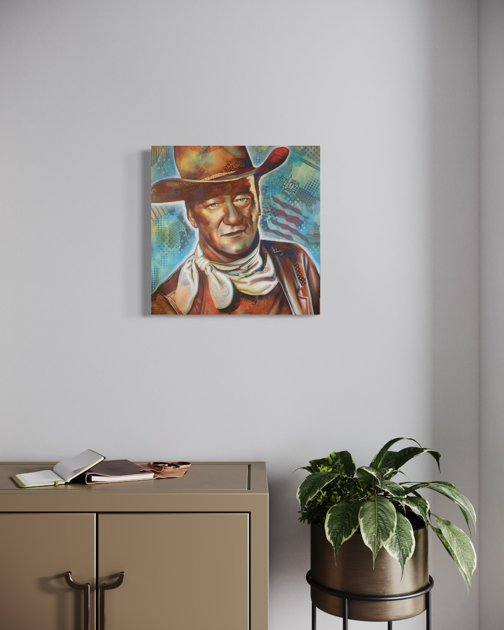 Painting of a cowboy on a wall above a desk with a plant. John Wayne fine art reproduction limited edition Canvas giclee by shenshen.