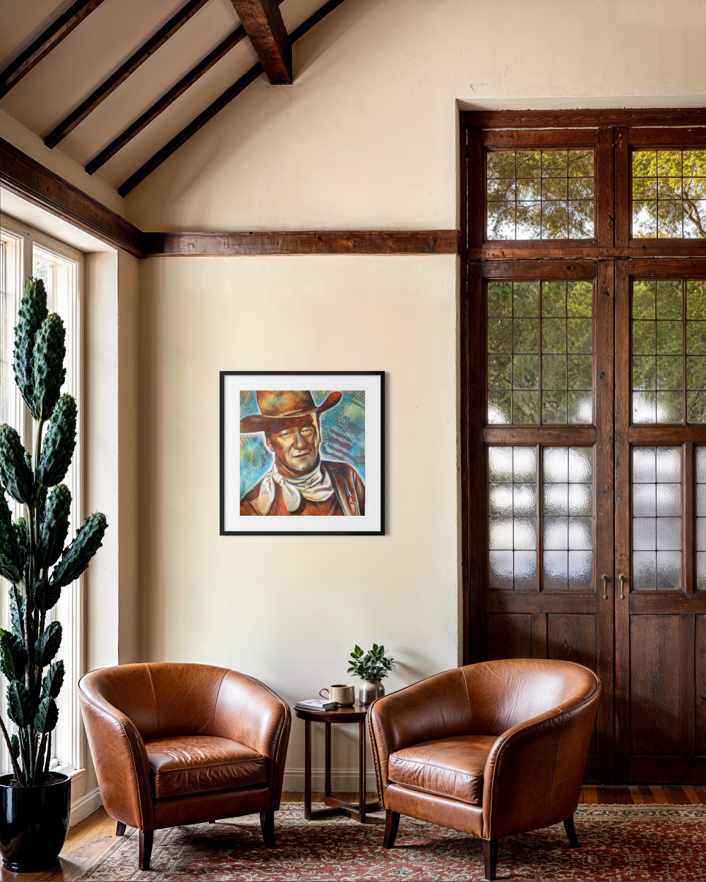 Living room with brown leather chairs, a cactus plant, and a framed picture of a cowboy on the wall. John Wayne fine art reproduction limited edition paper print by shenshen.