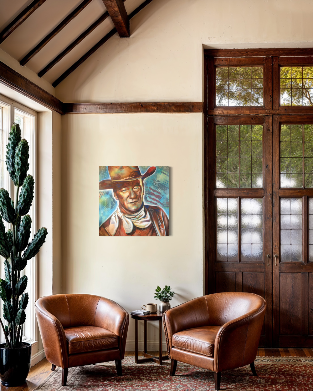 Living room with two brown leather chairs, a small table, and a painting of a man in a cowboy hat on the wall.