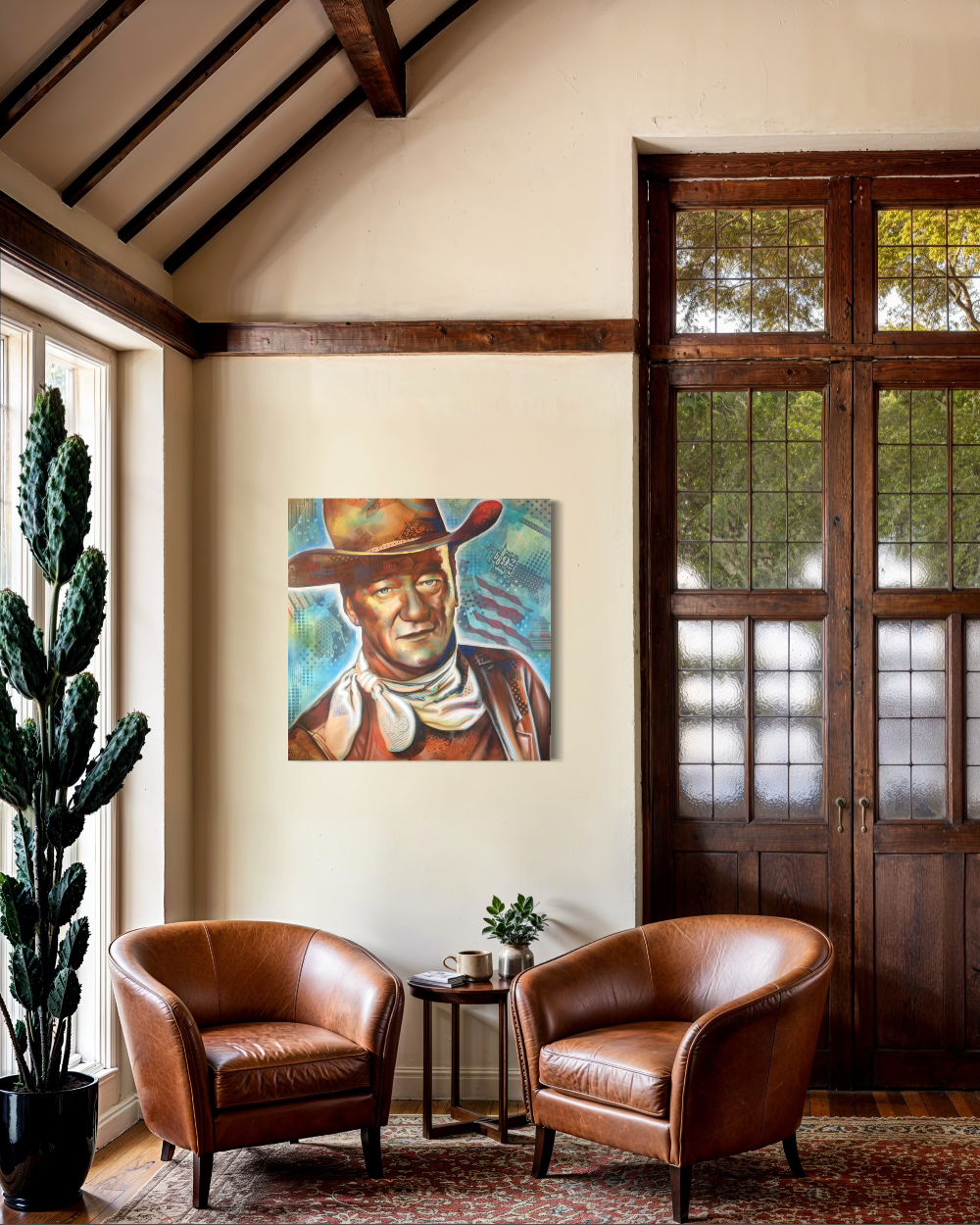 Living room with two brown leather chairs, a small table, and a painting of a cowboy on the wall. John Wayne fine art reproduction limited edition Canvas giclee by shenshen.