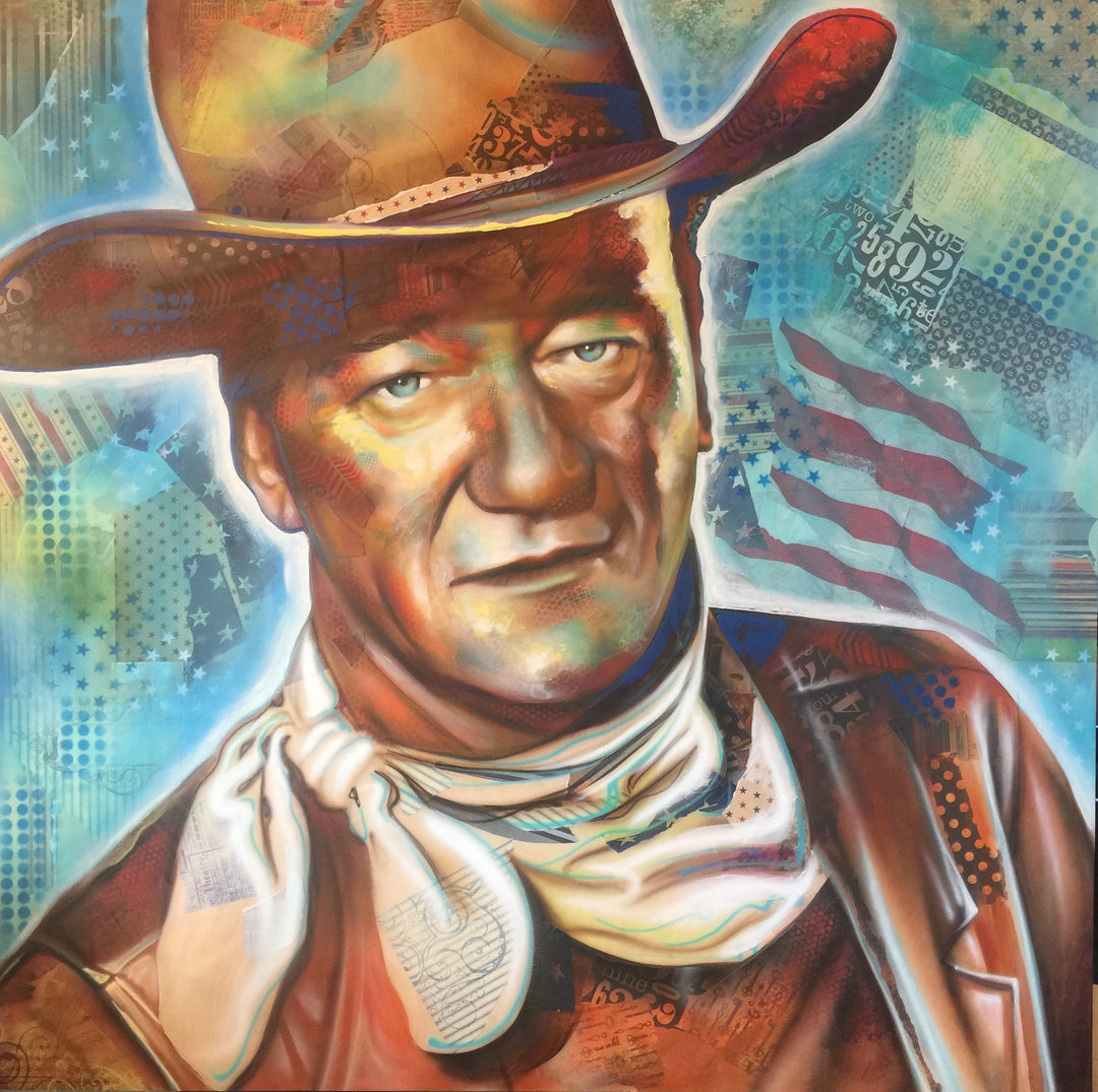 Contemporary portrait of John Wayne featuring warm earth tones, patriotic collage elements, American flag imagery, and layered textures that celebrate the legendary Western actor and American icon. limited edition canvas giclee reproduction by shenshen
