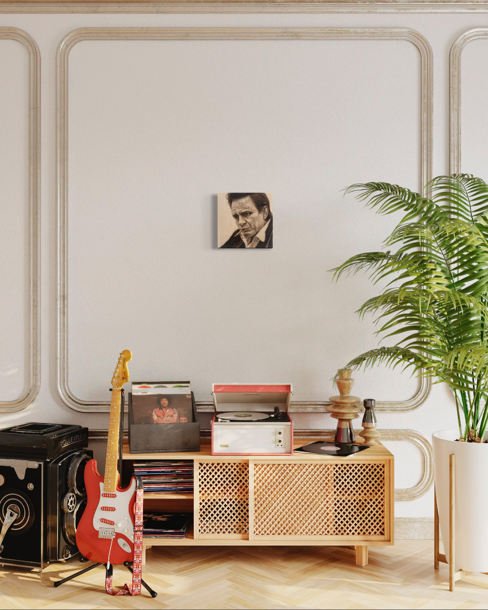 Living room with wooden cabinet, guitar, records, and plant. johnny cash giclee canvas reproduction limited edition by shenshen