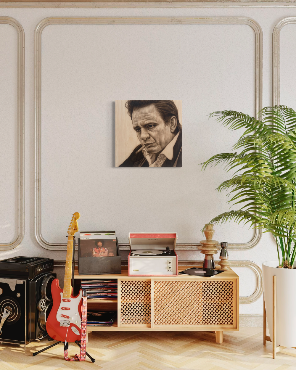 Living room with a wooden cabinet, guitar, records, and a portrait on the wall. johnny cash giclee canvas reproduction limited edition by shenshen