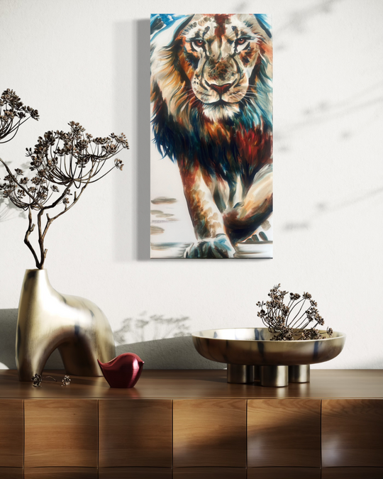 Colorful lion painting on a wall above a wooden shelf with decorative items. Fine art print limited edition reproduction by ShenShen.
