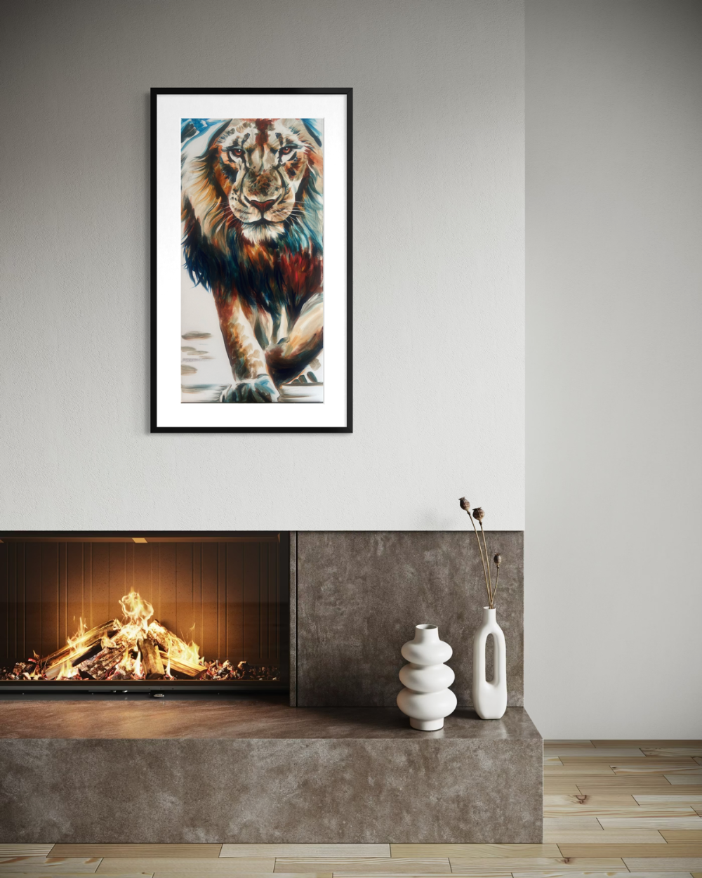 Framed artwork of a tiger on a wall above a fireplace with decorative vases. Fine art print limited edition reproduction by ShenShen.