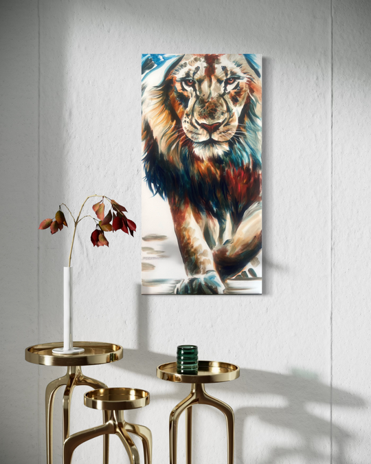 Colorful painting of a lion on a wall above two gold side tables. Fine art print limited edition reproduction by ShenShen.