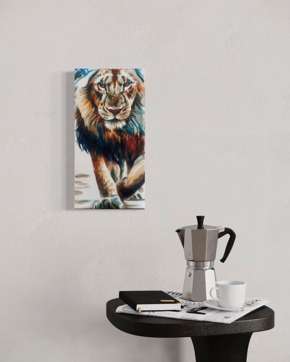 Canvas print of a lion on a wall above a small table with a coffee maker and cup. Fine art print limited edition reproduction by ShenShen.