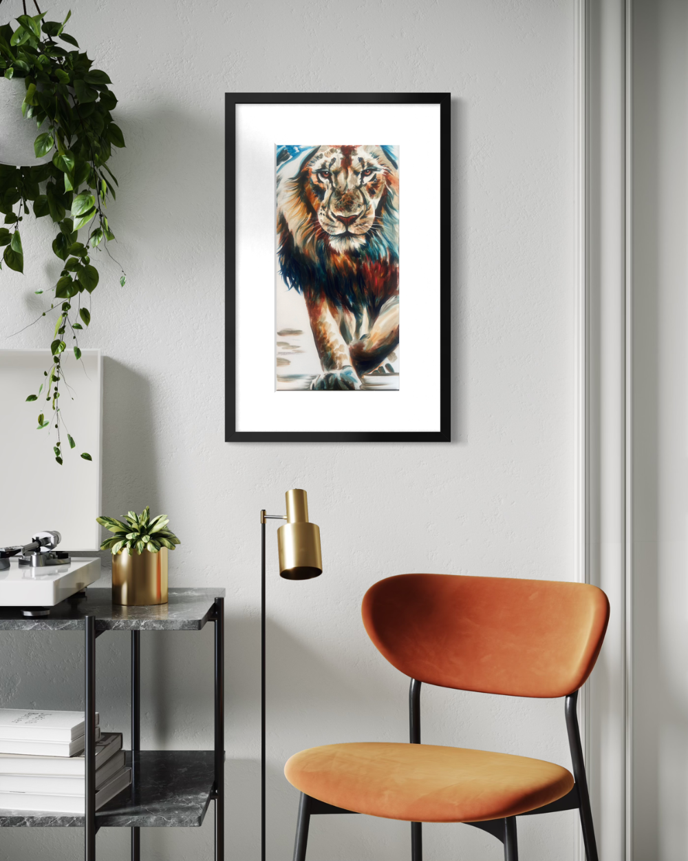Framed artwork of a tiger on a wall in a modern interior setting with a chair and plant. Fine art print limited edition reproduction by ShenShen.