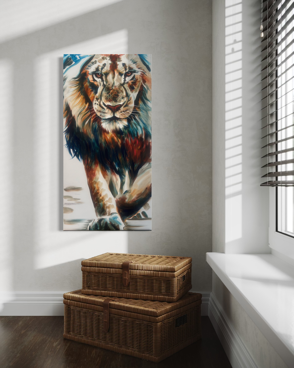 Colorful lion painting on a wall above two wicker baskets in a room with natural light. Original painting by ShenShen.