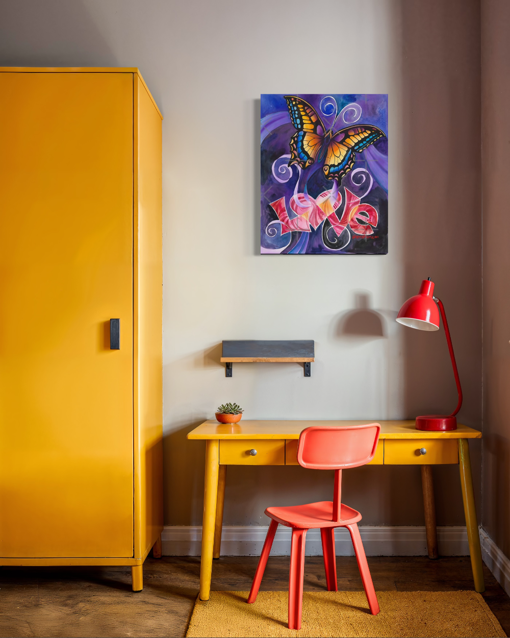 Yellow desk with red chair and lamp, colorful butterfly painting on wall. 24" × 30" Giclée Canvas Reproduction of love butterfly Limited Edition