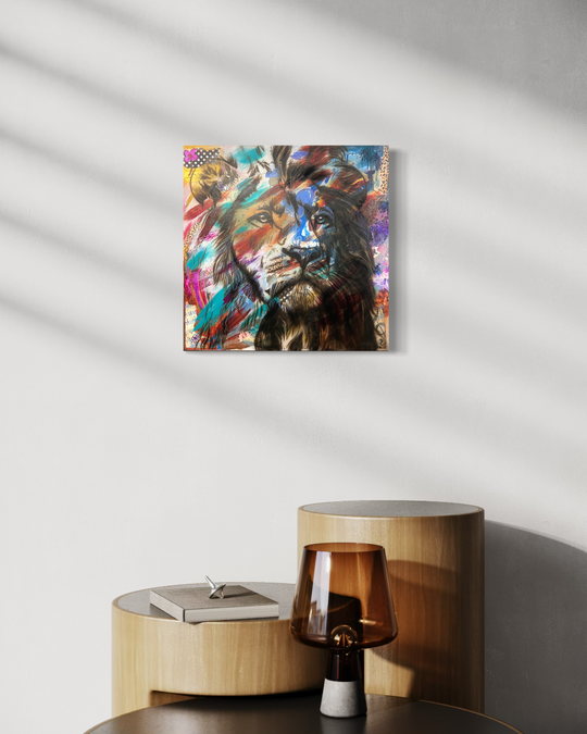 Colorful abstract painting of a lion on a white wall above a wooden side table with a lamp. Fine art print limited edition reproduction by ShenShen.