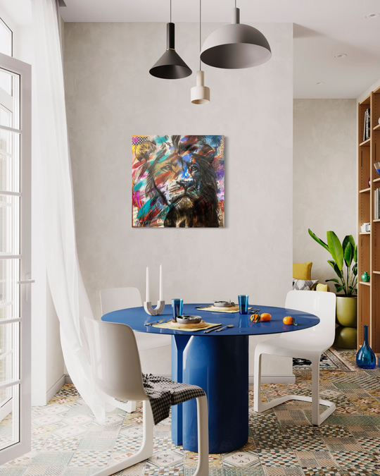 Modern dining room with a blue table, white chairs, and colorful wall art. Fine art print limited edition reproduction by ShenShen.