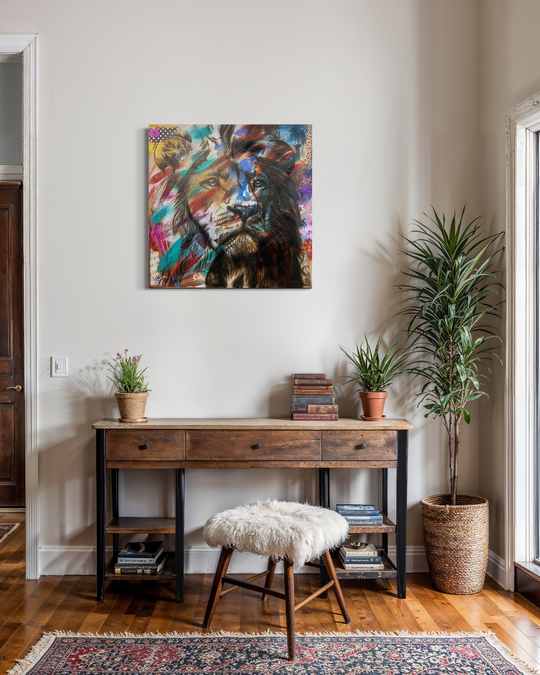 Colorful lion painting on a wall above a wooden console table with decor items.  Fine art print limited edition reproduction by ShenShen.