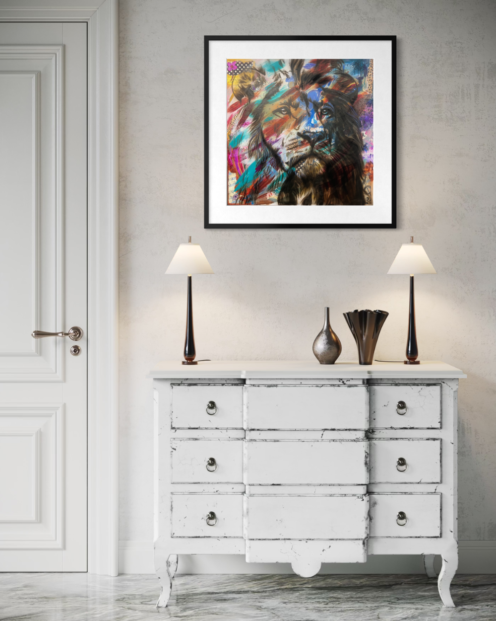White dresser with decorative items and a colorful abstract painting on a gray wall. Fine art print limited edition reproduction by ShenShen.