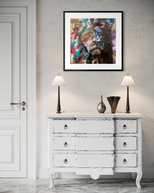 White dresser with decorative items and a colorful abstract painting on a gray wall. Fine art print limited edition reproduction by ShenShen.