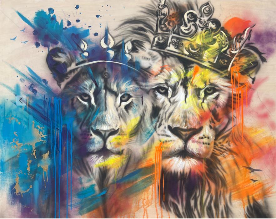 two lions wearing crowns with blue and orange hues