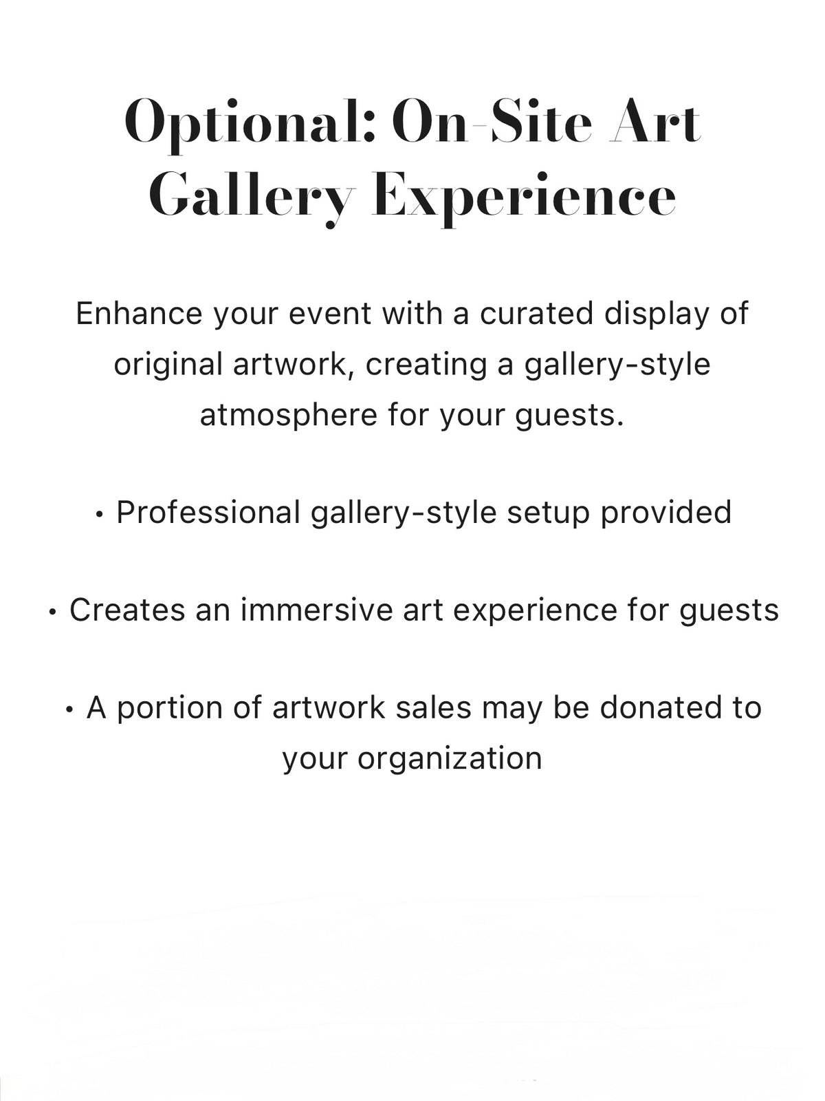 On-site art gallery experience featuring original artwork display for luxury events and fundraising galas