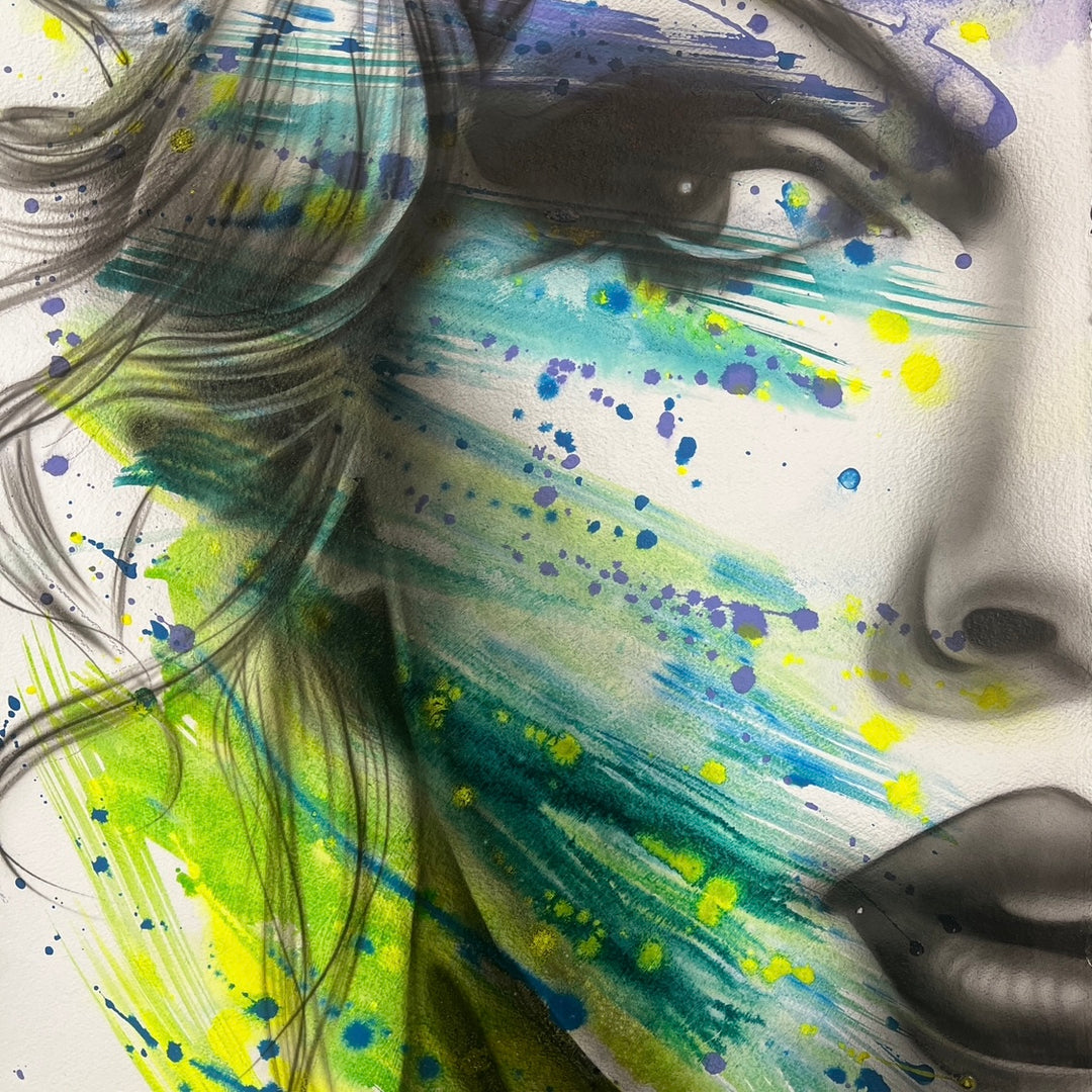 An expressive portrait of Taylor Swift painted with splashes of blue, green, and turquoise on a white background.