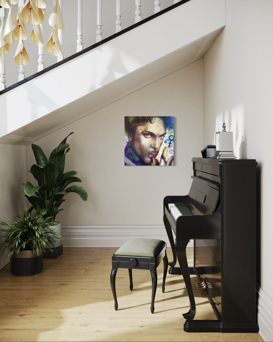 Staircase with a piano and decorative wall art in a home setting. Prince limited edition reproduction artwork fine art giclee canvas print gallery wrapped by ShenShen.