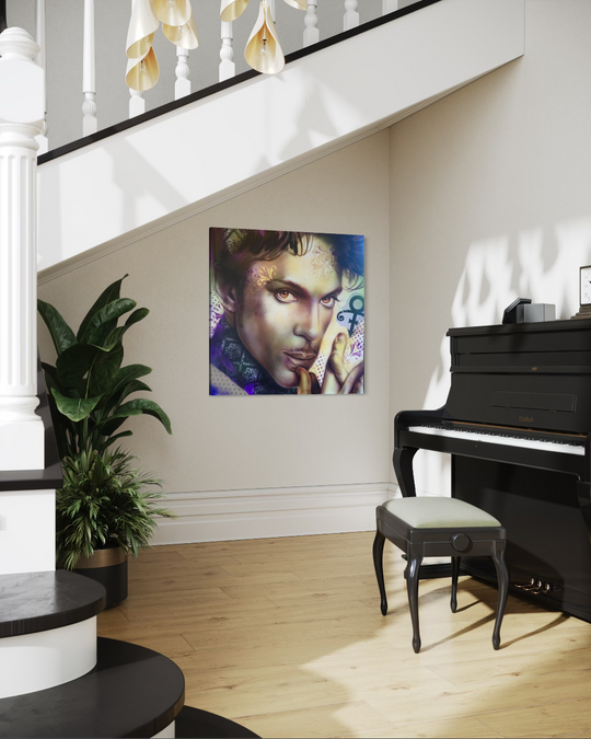 Staircase with a piano and a colorful portrait on the wall. Prince limited edition reproduction artwork fine art giclee canvas print gallery wrapped by ShenShen.