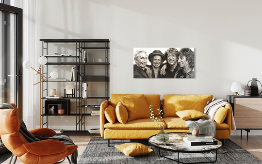 Modern living room with a yellow sofa, orange armchair, and decorative wall art. Rolling Stones by ShenShen limited reproduction canvas giclee fine art print.