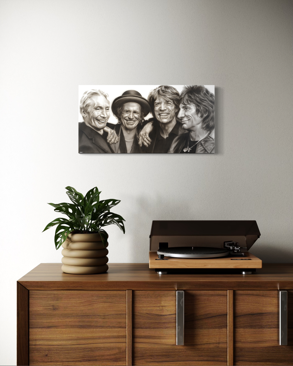 Wooden cabinet with a plant and record player, featuring a portrait of four men on the wall. Rolling Stones by ShenShen limited reproduction canvas giclee fine art print.