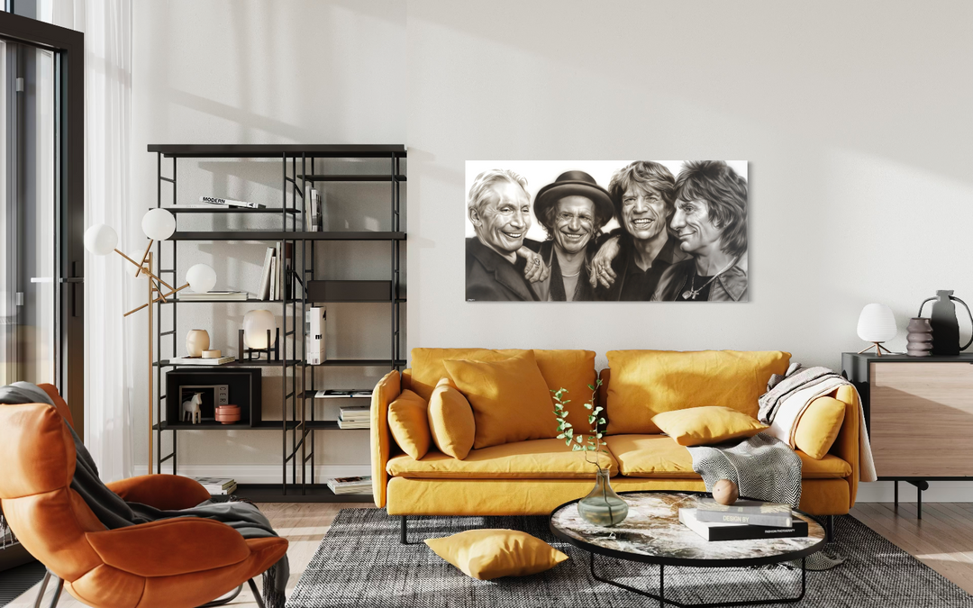 Modern living room with a yellow sofa, orange chair, and a wall art of four people. Rolling Stones by ShenShen limited reproduction canvas giclee fine art print.
