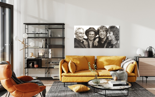 Modern living room with a yellow sofa, orange chair, and a wall art of four people. Rolling Stones by ShenShen limited reproduction canvas giclee fine art print.