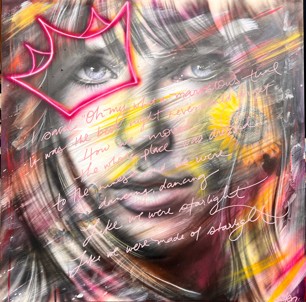 A mixed media on wood painting featuring a stylized portrait of Taylor Swift with vibrant colors and text excerpts from her songs.