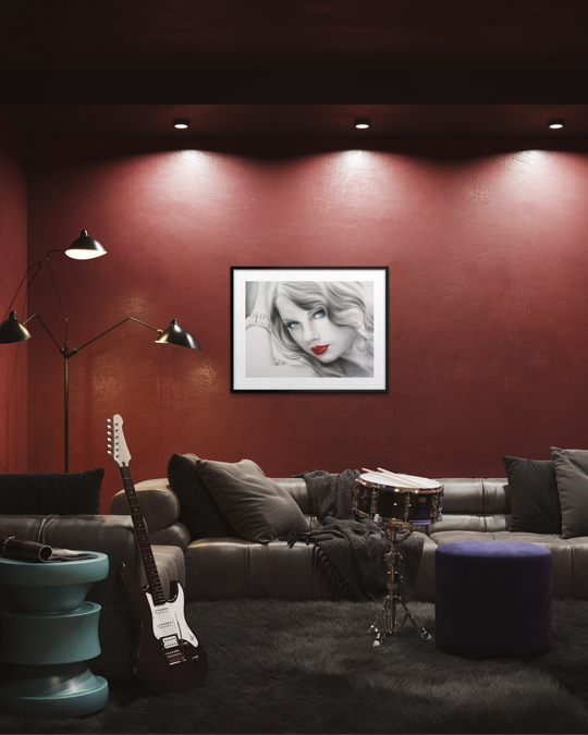 Modern living room with red walls, a gray sofa, and a framed portrait of a woman. Taylor swift red lips glamorous paper reproduction limited edition fine art print by shenshen