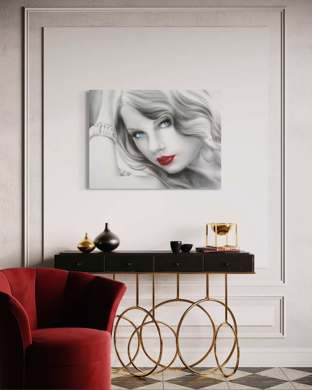 Modern interior with a red sofa, gold console table, and framed artwork on a white wall. Taylor swift red lips glamorous canvas giclee reproduction limited edition fine art print by shenshen