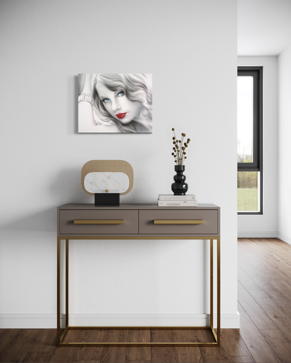 Modern interior with a console table, decorative items, and wall art. Taylor swift red lips glamorous canvas giclee reproduction limited edition fine art print by shenshen