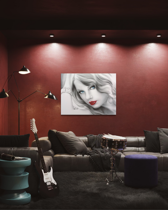 Modern living room with a red wall, gray sofa, and a portrait of a woman. Taylor swift red lips glamorous canvas giclee reproduction limited edition fine art print by shenshen